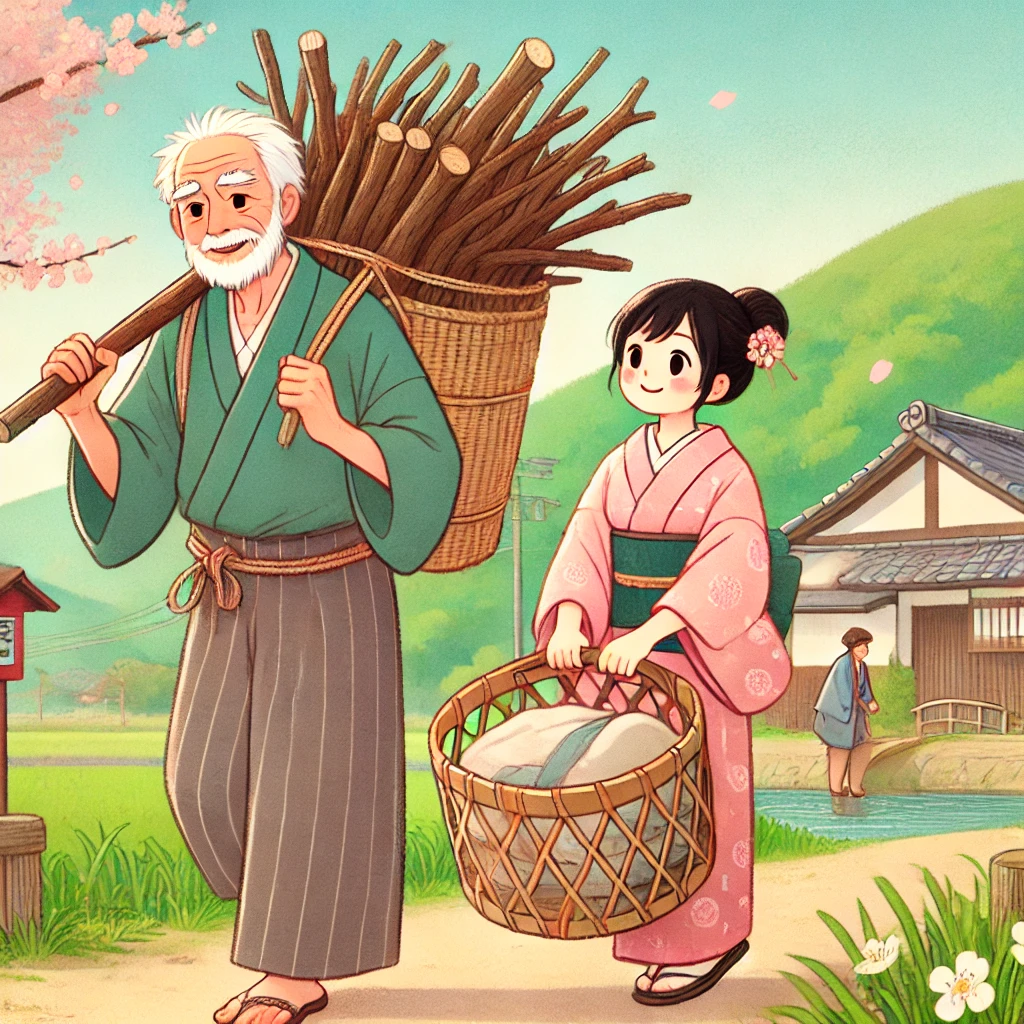 DALL·E-2024-09-15-15.26.24-An-illustration-in-a-soft-and-friendly-Japanese-anime-style-depicting-an-elderly-man-and-woman-going-to-work.-The-elderly-man-is-carrying-a-bundle-of- 桃太郎をAIに描いてもらってみたらいろいろ大変だった。