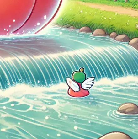 DALL·E-2024-09-15-15.27.19-An-illustration-in-a-soft-and-friendly-Japanese-anime-style-depicting-the-scene-where-a-giant-peach-is-floating-down-a-river.-The-peach-is-large-vibr-1-e1726381735243 桃太郎をAIに描いてもらってみたらいろいろ大変だった。