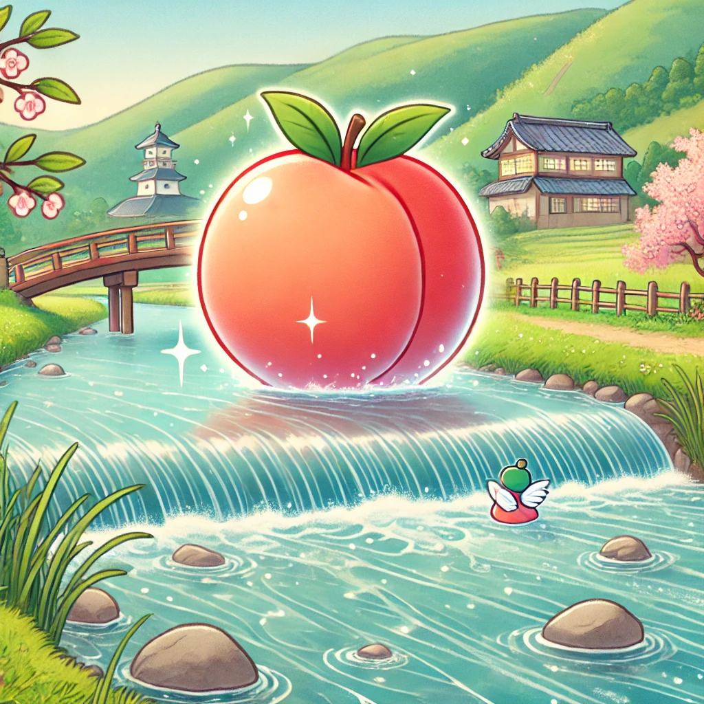 DALL·E-2024-09-15-15.27.19-An-illustration-in-a-soft-and-friendly-Japanese-anime-style-depicting-the-scene-where-a-giant-peach-is-floating-down-a-river.-The-peach-is-large-vibr 桃太郎をAIに描いてもらってみたらいろいろ大変だった。