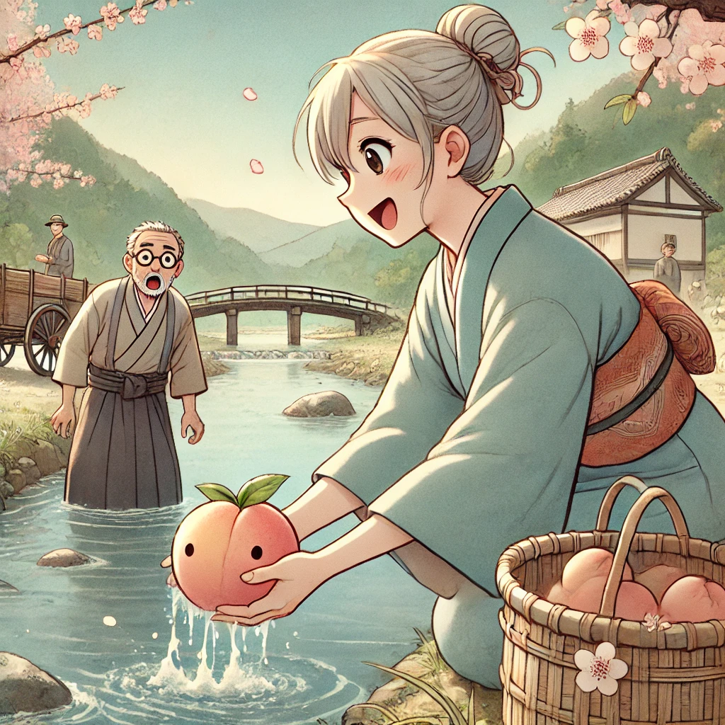 DALL·E-2024-09-15-15.32.20-An-illustration-in-a-soft-and-friendly-Japanese-anime-style-depicting-the-scene-where-an-elderly-woman-who-had-come-to-the-river-for-work-is-pulling 桃太郎をAIに描いてもらってみたらいろいろ大変だった。