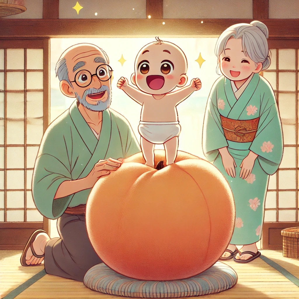 DALL·E-2024-09-15-15.34.02-An-illustration-in-a-soft-and-friendly-Japanese-anime-style-depicting-the-scene-where-an-elderly-man-opens-a-giant-peach-and-a-lively-baby-emerges-fr 桃太郎をAIに描いてもらってみたらいろいろ大変だった。