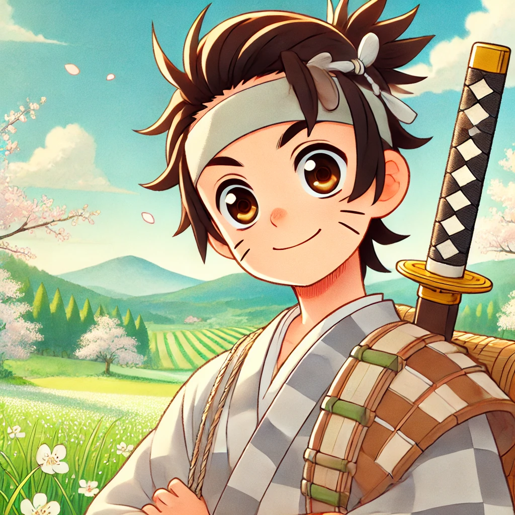 DALL·E-2024-09-15-15.36.54-An-illustration-in-a-soft-and-friendly-Japanese-anime-style-depicting-Momotaro-as-a-14-year-old-boy.-He-looks-strong-energetic-and-full-of-determina 桃太郎をAIに描いてもらってみたらいろいろ大変だった。