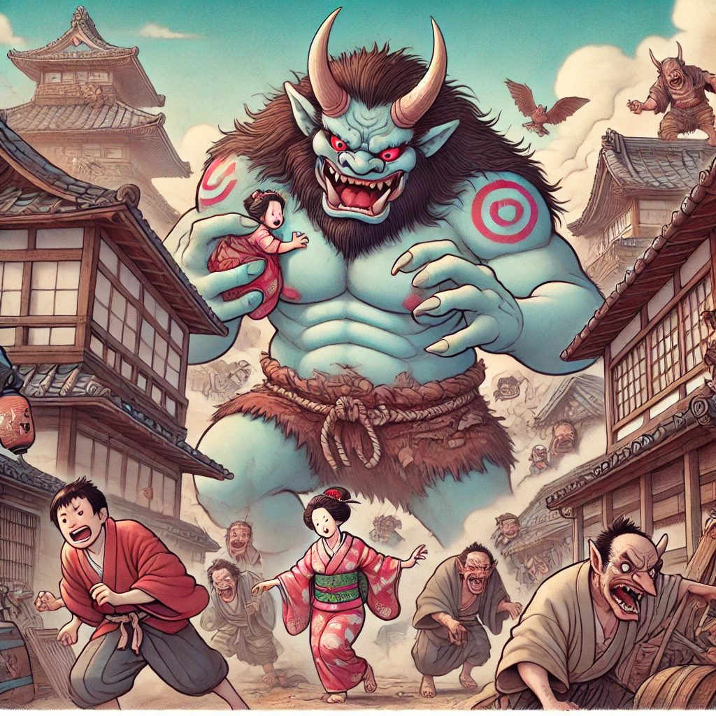 DALL·E-2024-09-15-15.38.46-An-illustration-in-a-soft-and-friendly-Japanese-anime-style-depicting-a-scene-where-evil-ogres-oni-are-rampaging-through-a-town.-The-oni-are-large- 桃太郎をAIに描いてもらってみたらいろいろ大変だった。