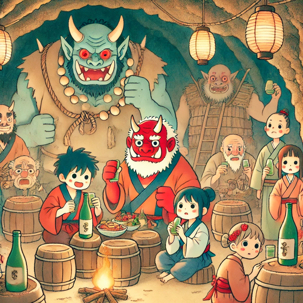 DALL·E-2024-09-15-15.40.18-An-illustration-in-a-soft-and-friendly-Japanese-anime-style-depicting-a-scene-on-Oni-Island-where-the-ogres-oni-are-having-a-feast.-The-oni-are-cele 桃太郎をAIに描いてもらってみたらいろいろ大変だった。