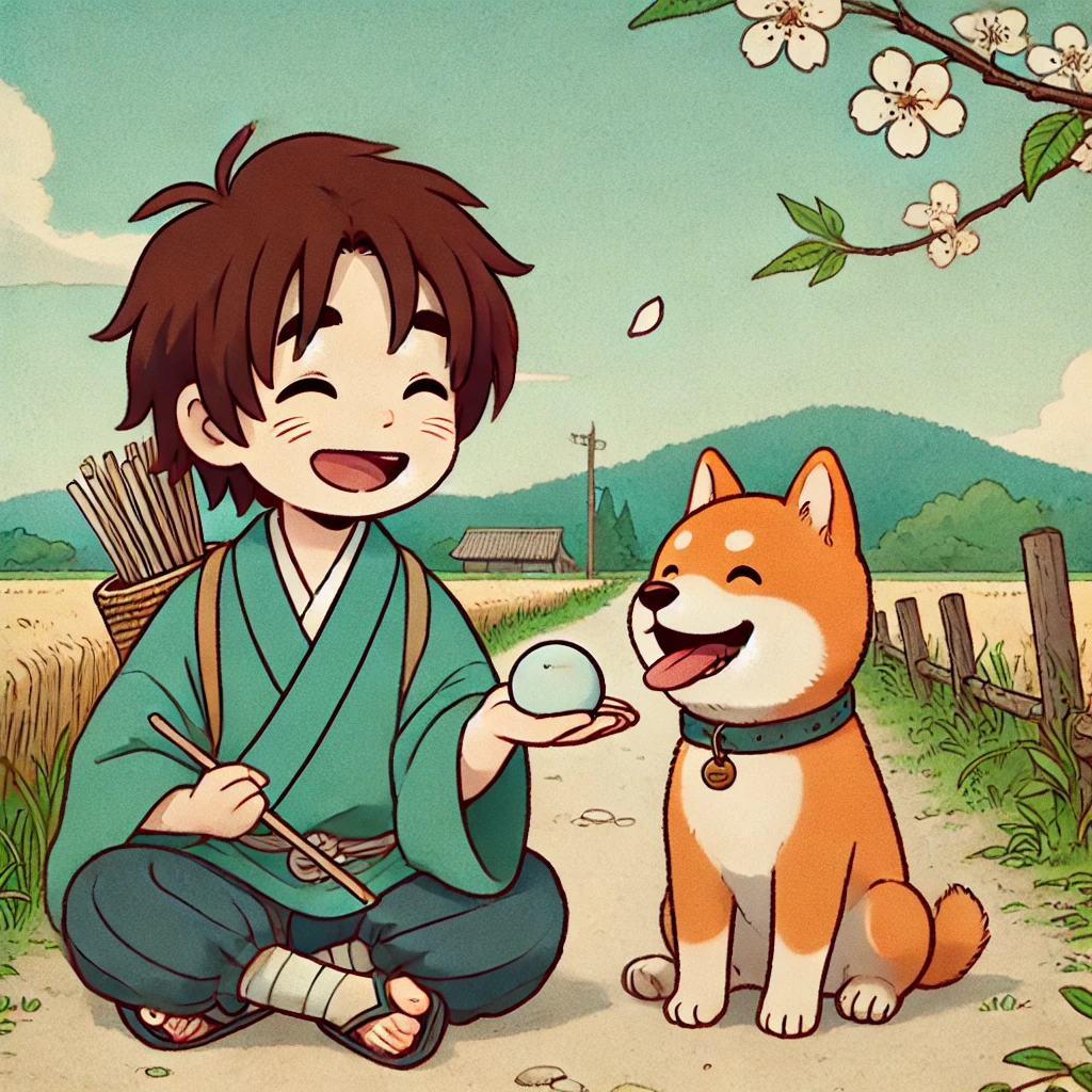 DALL·E-2024-09-15-15.46.04-An-illustration-in-a-soft-and-friendly-Japanese-anime-style-depicting-a-scene-where-Momotaro-encounters-a-dog-during-his-journey.-Momotaro-a-14-year- 桃太郎をAIに描いてもらってみたらいろいろ大変だった。