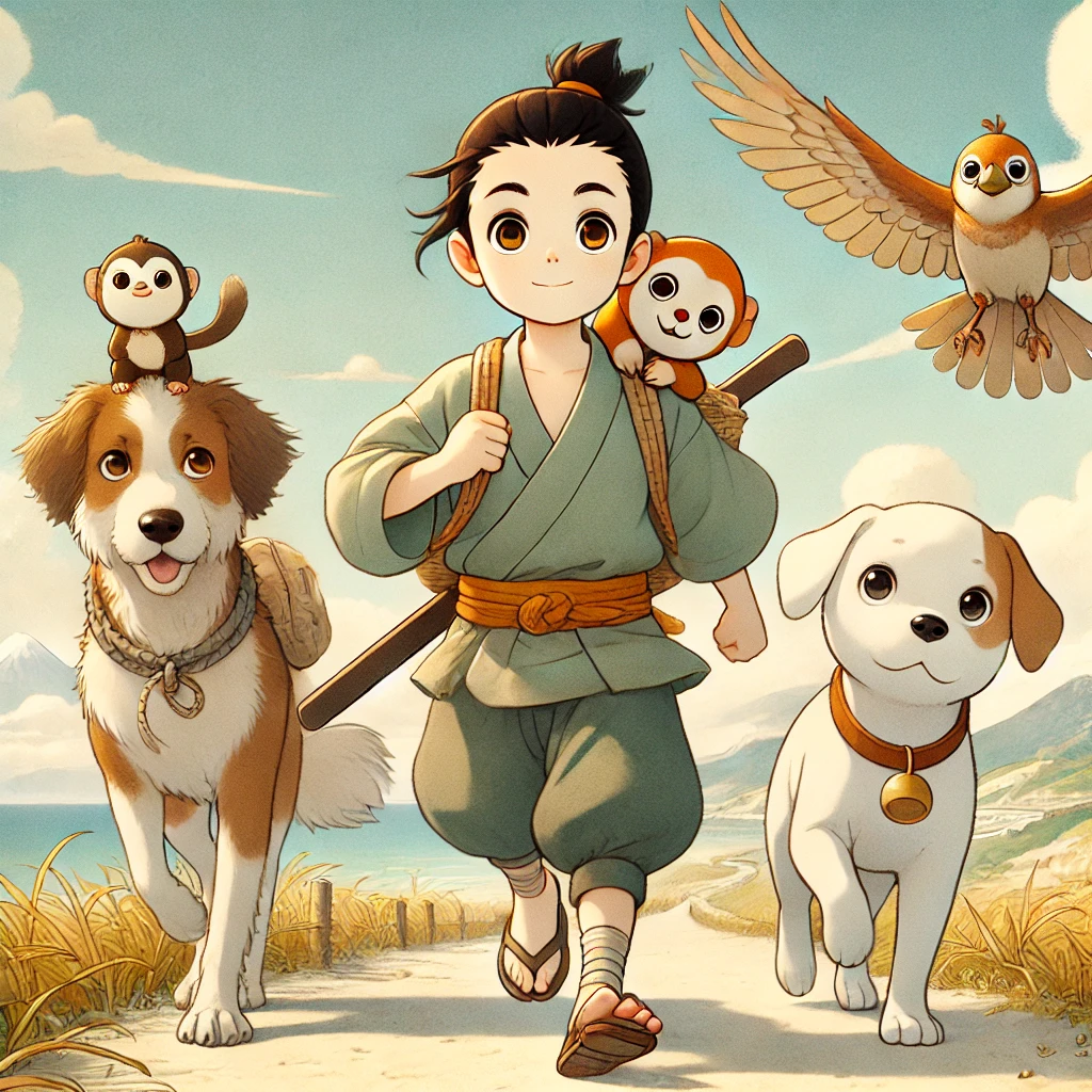 DALL·E-2024-09-15-15.47.24-An-illustration-in-a-soft-and-friendly-Japanese-anime-style-depicting-Momotaro-and-his-three-companions-—-a-dog-a-monkey-and-a-pheasant-—-heading-to 桃太郎をAIに描いてもらってみたらいろいろ大変だった。