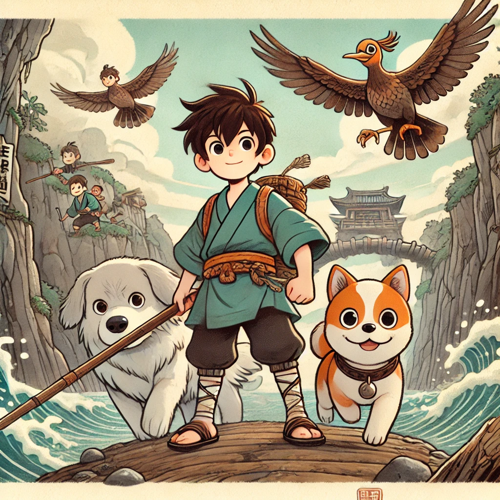 DALL·E-2024-09-15-15.48.47-An-illustration-in-a-soft-and-friendly-Japanese-anime-style-depicting-the-moment-when-Momotaro-and-his-companions-arrive-at-Oni-Island-ready-to-begin 桃太郎をAIに描いてもらってみたらいろいろ大変だった。