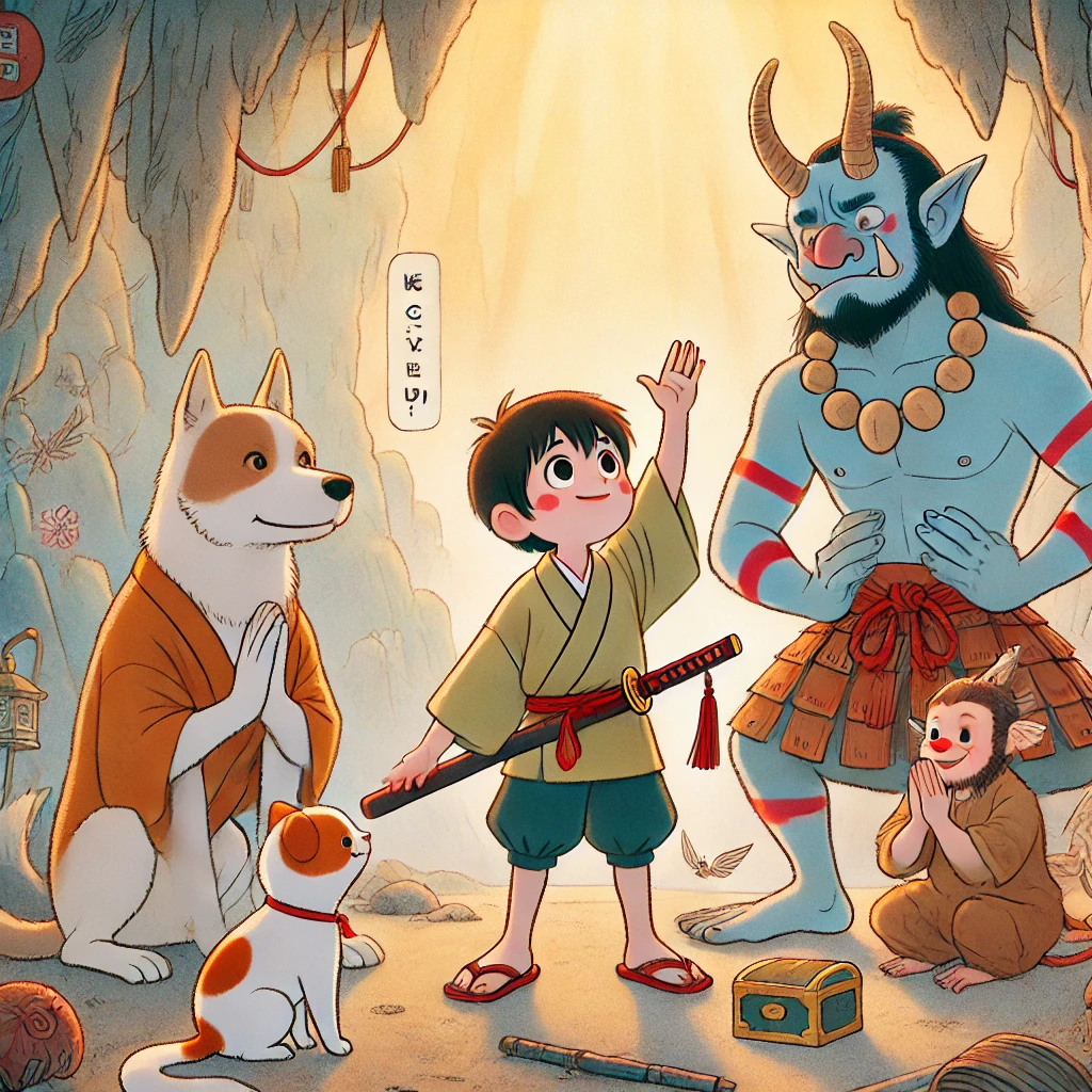 DALL·E-2024-09-15-15.51.33-An-illustration-in-a-soft-and-friendly-Japanese-anime-style-depicting-the-scene-where-Momotaro-and-his-companions-have-defeated-the-ogres-oni-and-t 桃太郎をAIに描いてもらってみたらいろいろ大変だった。