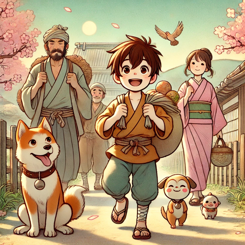 DALL·E-2024-09-15-15.52.57-An-illustration-in-a-soft-and-friendly-Japanese-anime-style-depicting-the-scene-where-Momotaro-and-his-companions-return-home-victorious-carrying-tre 桃太郎をAIに描いてもらってみたらいろいろ大変だった。