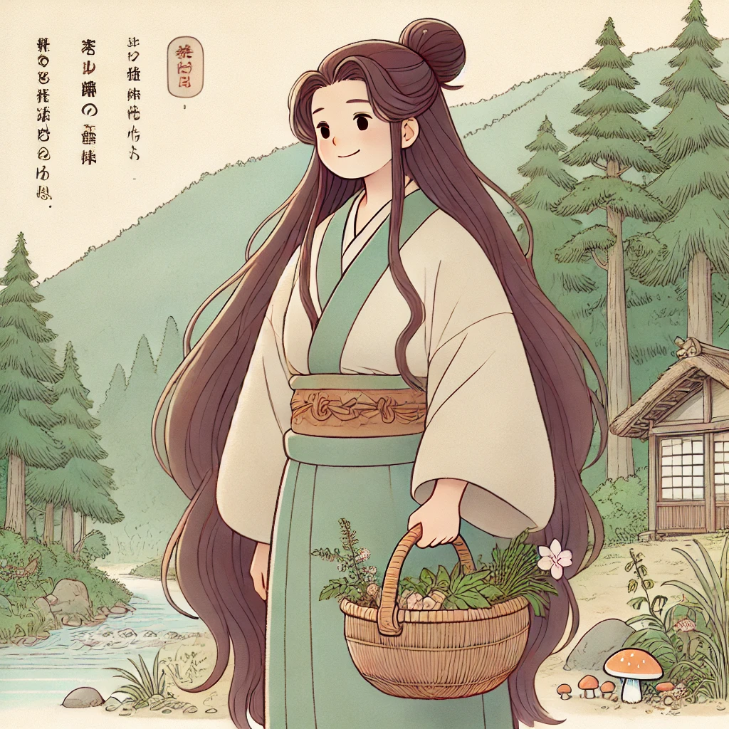 DALL·E-2024-09-15-18.37.39-An-illustration-in-a-soft-and-friendly-Japanese-anime-style-depicting-Kintaros-mother-known-as-Yamauba-a-strong-and-kind-woman-living-at-the-foot 金太郎について、AIと一緒に詳しく語るよ（前編）