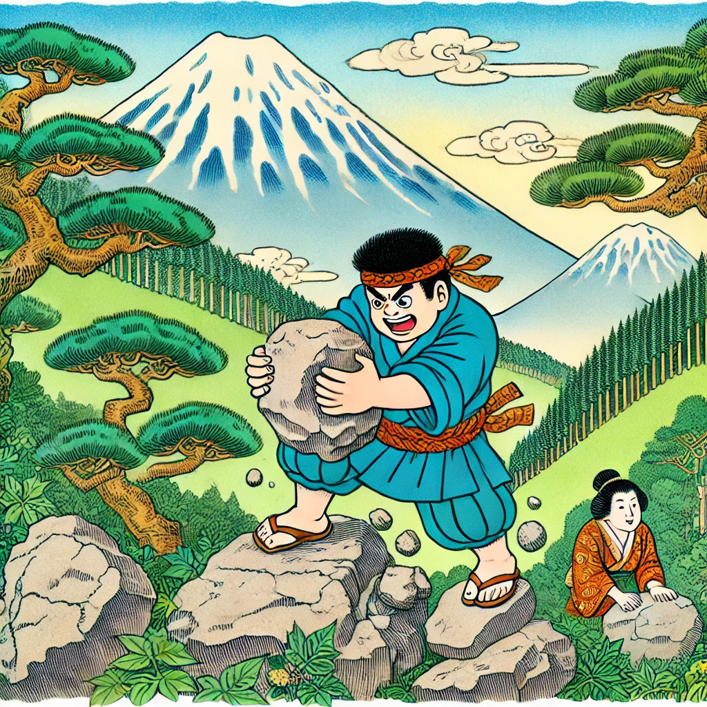 DALL·E-2024-09-15-18.55.41-An-illustration-in-a-traditional-Japanese-anime-style-depicting-young-Kintaro-a-strong-and-cheerful-boy-living-with-his-mother-in-the-mountains.-Kin 金太郎について、AIと一緒に詳しく語るよ（前編）