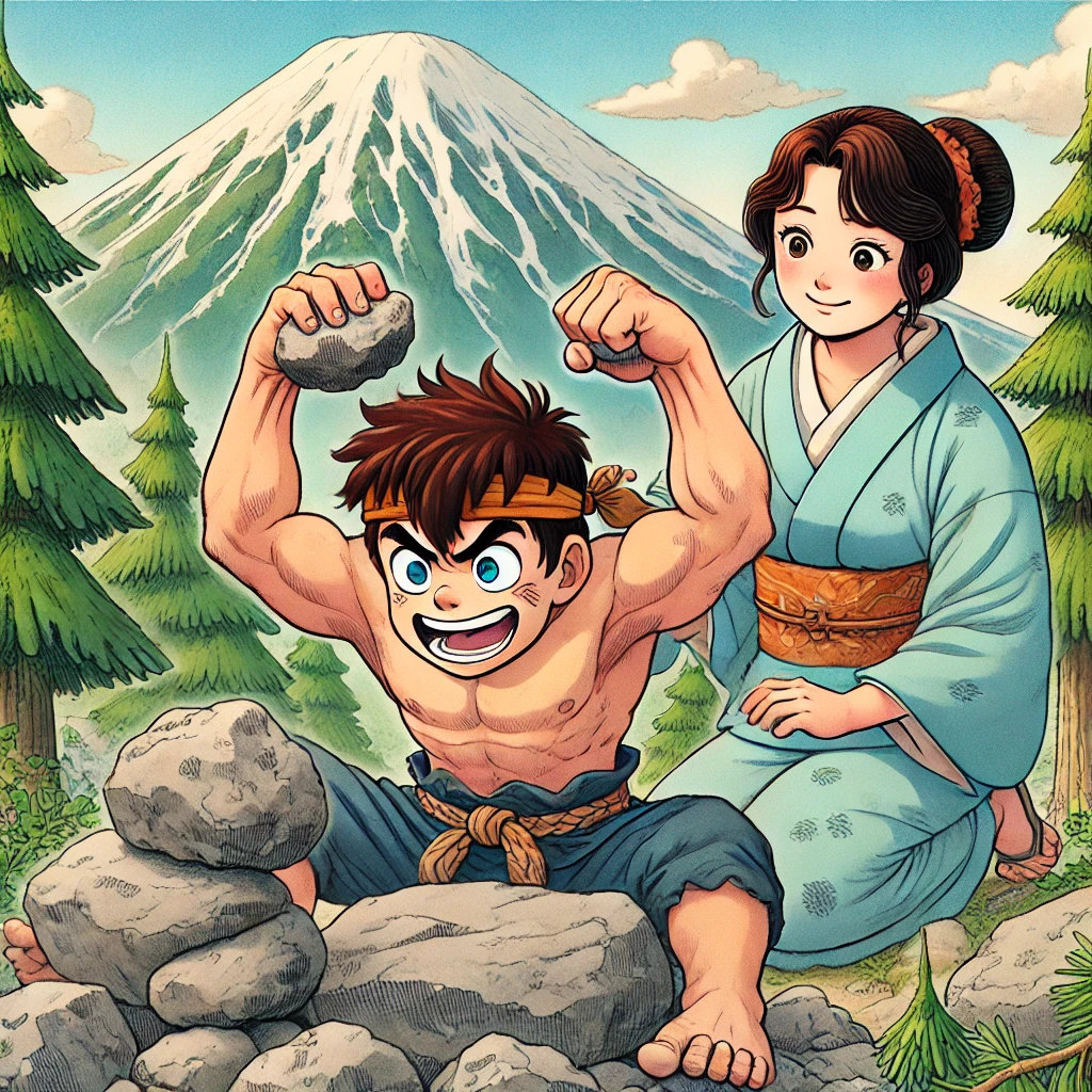 DALL·E-2024-09-15-18.58.44-An-illustration-in-the-same-Japanese-anime-style-as-the-previous-image-of-Kintaros-mother-finding-him.-Young-Kintaro-is-living-with-his-mother-in-the 金太郎について、AIと一緒に詳しく語るよ（前編）