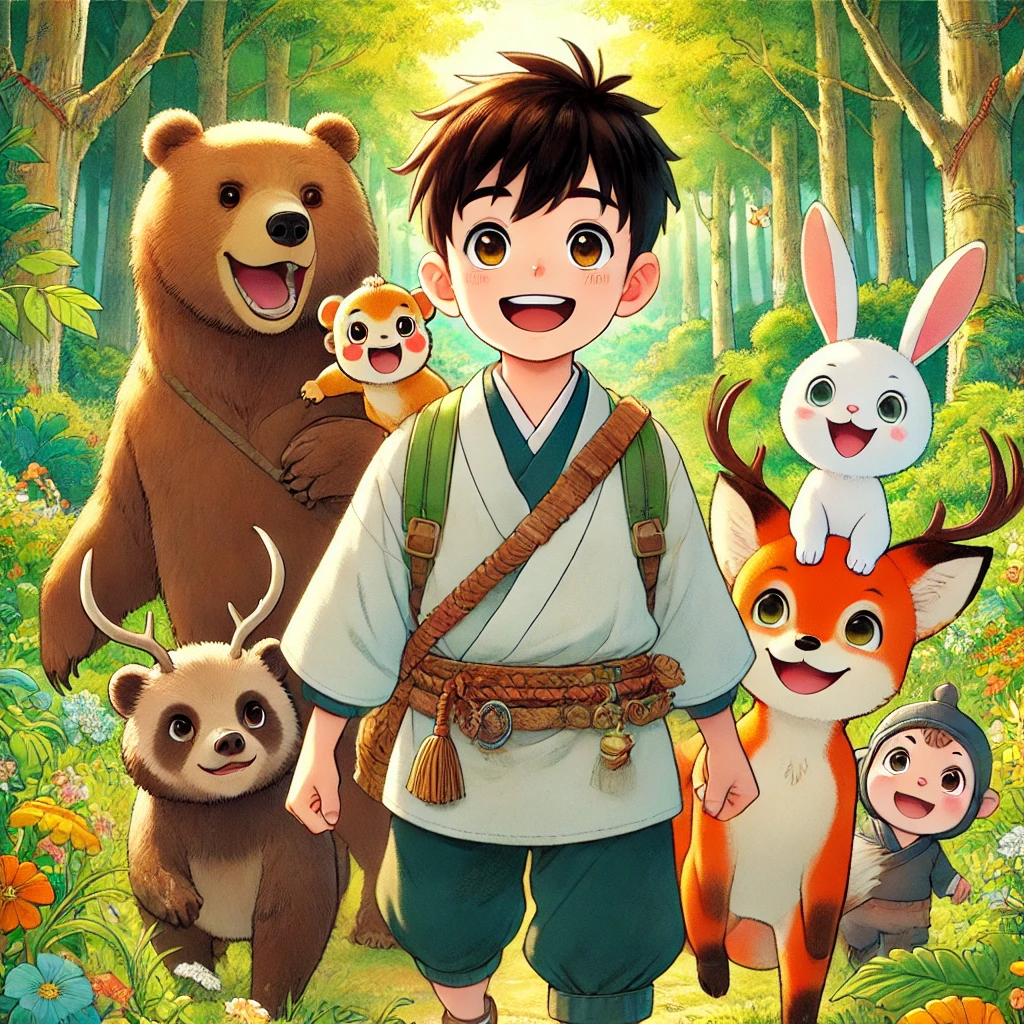 DALL·E-2024-09-15-19.32.19-An-illustration-in-a-modern-Japanese-anime-style-tailored-for-an-adult-audience-but-depicting-a-youthful-Kintaro-as-a-child-leader-in-the-forest.-Kin 金太郎について、AIと一緒に詳しく語るよ（前編）