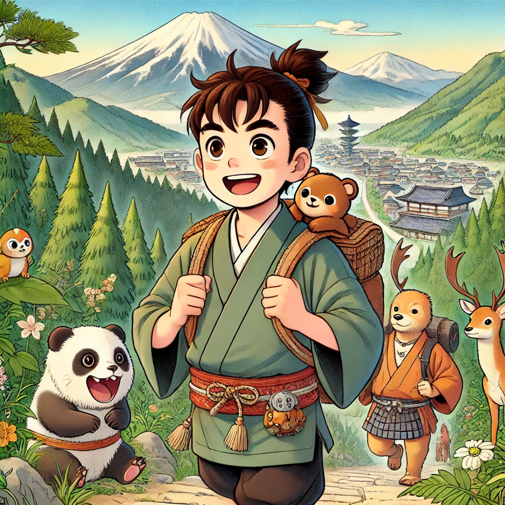 DALL·E-2024-09-15-19.36.29-An-illustration-in-a-modern-Japanese-anime-style-depicting-young-Kintaro-now-slightly-older-preparing-to-leave-the-mountains-for-the-capital-city-a 金太郎について、AIと一緒に詳しく語るよ（前編）