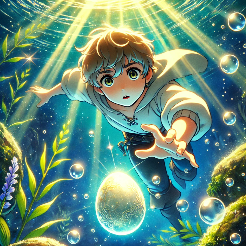 DALL·E-2024-09-16-22.19.49-Illustration-in-Japanese-anime-style-of-scene-6_-Ivan-Tsarevich-the-young-prince-with-large-expressive-eyes-diving-into-a-deep-mystical-lake-to-re 不死の怪物コシチェイ・ザ・デスレスの物語