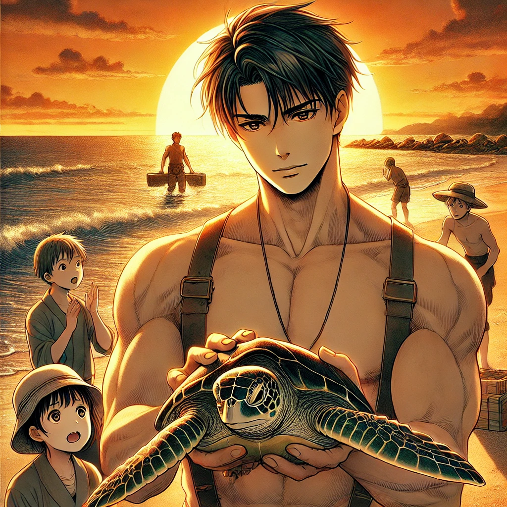 DALL·E-2024-09-17-18.54.33-A-detailed-anime-style-illustration-depicting-a-strong-and-kind-young-man-Urashima-Taro-on-a-sunset-beach.-He-is-shown-rescuing-a-turtle-from-a-grou 浦島太郎をAIと一緒に考えてたらマッチョになった件。