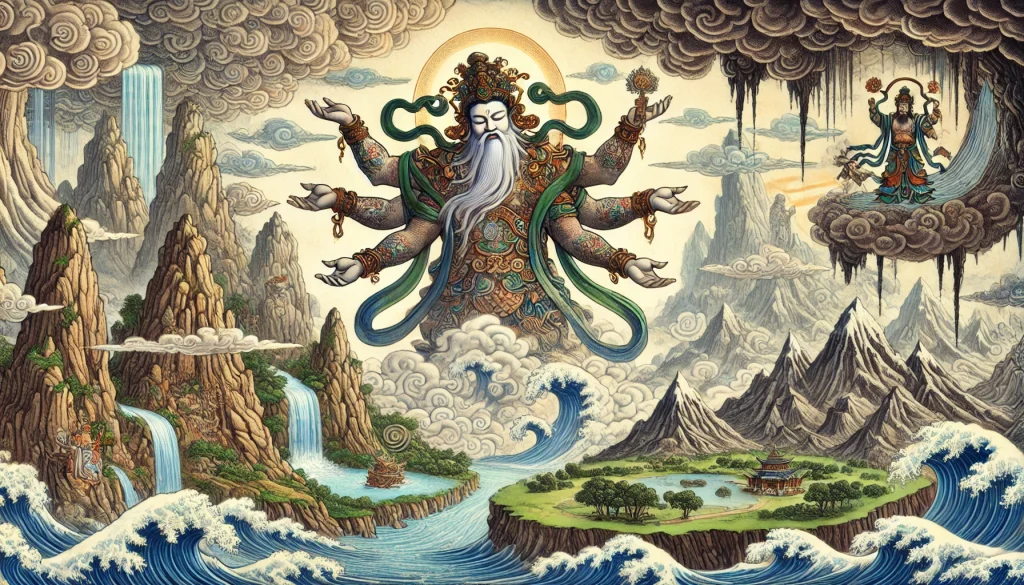 DALL·E-2024-10-28-21.17.42-Illustration-of-Pangu-the-primordial-deity-from-Chinese-creation-mythology-shown-separating-heaven-and-earth-with-his-powerful-form.-Pangu-is-depict-e1730117889529-1024x585 空を支える巨人と神々