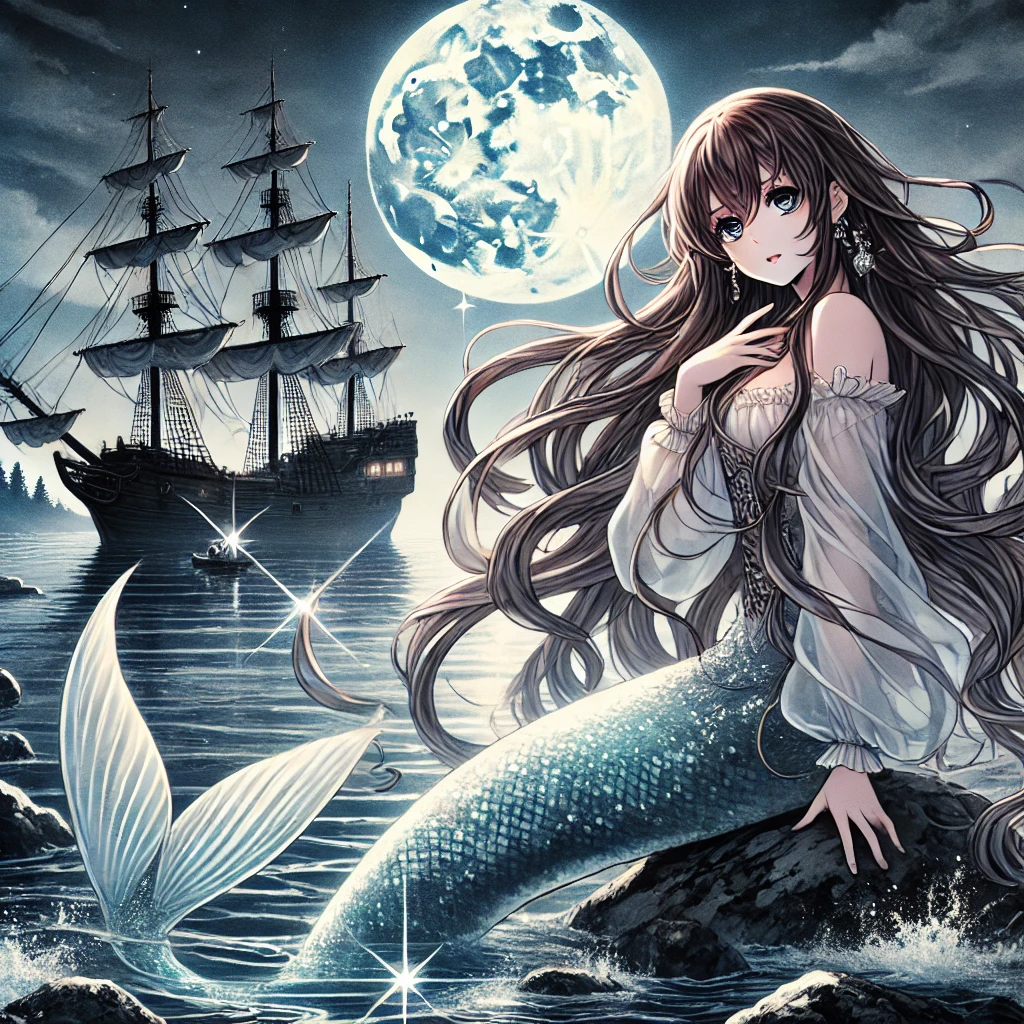 DALL·E-2024-11-14-01.12.17-A-mature-Japanese-anime-style-illustration-of-a-beautiful-mermaid-in-a-Scandinavian-sea-luring-a-sailor-with-her-enchanting-beauty.-She-has-long-fl 世界の人魚伝説：海の精霊たちの物語を並べてみた