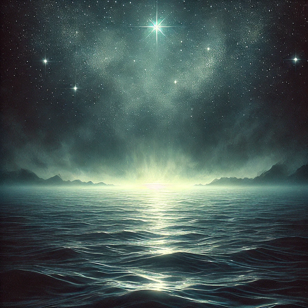 DALL·E-2024-11-14-03.26.40-An-illustration-symbolizing-the-primordial-void-in-the-Maya-creation-myth_-a-vast-dark-expanse-of-calm-water-under-a-starless-mystical-sky.-The-wate マヤ神話①世界創造：無から大地が生まれる神秘の物語