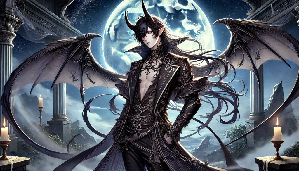 DALL·E-2024-11-15-03.51.09-A-highly-detailed-anime-style-illustration-aimed-at-adults-depicting-an-Incubus-under-a-crescent-moon-in-a-dark-fantasy-setting.-The-Incubus-is-a-tal-1024x585 夢魔とは何か？悪夢を操る存在の謎とファンタジーへの影響