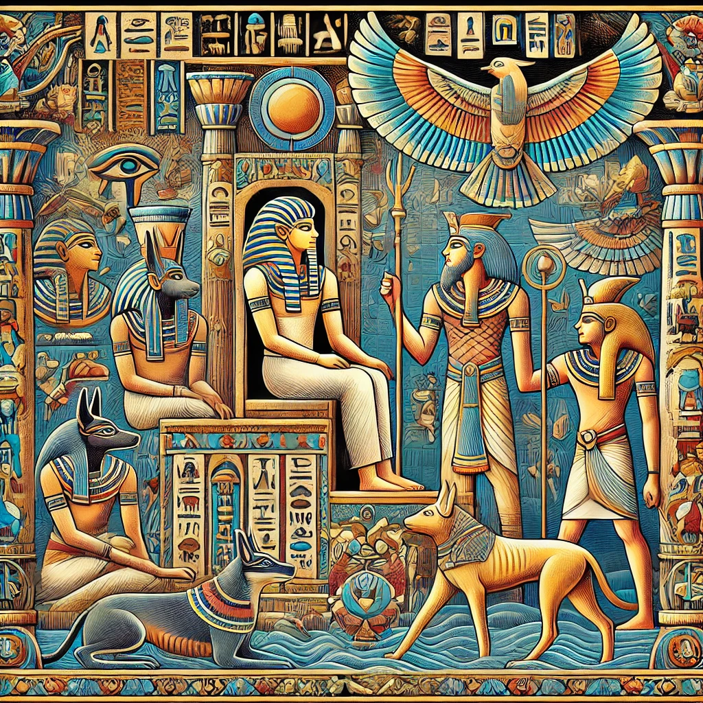 DALL·E-2024-11-18-00.37.40-A-detailed-and-vibrant-illustration-inspired-by-the-Ancient-Egyptian-Book-of-the-Dead-showcasing-key-elements-such-as-the-weighing-of-the-heart-cer 死者の書とは？古代エジプトの死後の世界と日本の閻魔大王を比較解説、両者の死生観の違いとは？