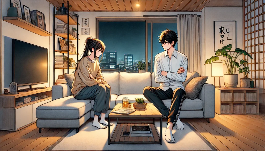 DALL·E-2024-11-19-19.33.58-A-Japanese-anime-style-illustration-depicting-a-modern-day-couple-struggling-to-reconcile-after-a-disagreement.-They-sit-on-opposite-sides-of-a-small--1024x585 夫婦間、彼氏・彼女との不満を解消？仲直りしたい人は必見！昔話に隠されたヒントとリマインダー効果の使い方