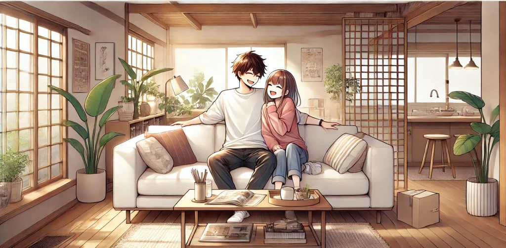 DALL·E-2024-11-19-19.36.40-A-Japanese-anime-style-illustration-of-a-modern-day-couple-sitting-together-on-a-cozy-sofa-happily-enjoying-each-others-company.-They-share-laughter-e1732012649808-1024x502 夫婦間、彼氏・彼女との不満を解消？仲直りしたい人は必見！昔話に隠されたヒントとリマインダー効果の使い方