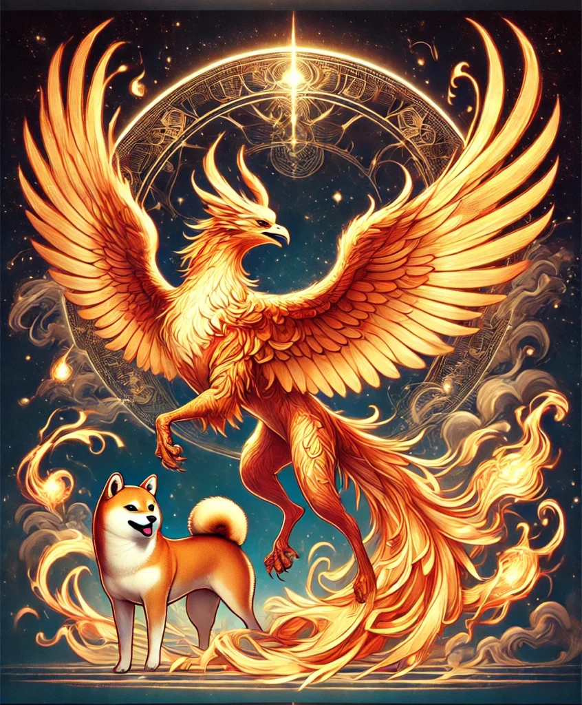 DALL·E-2024-11-22-04.10.40-A-full-body-illustration-of-the-legendary-Phoenix-depicted-as-a-majestic-and-fiery-bird-with-glowing-wings-and-radiant-flames-surrounding-its-body-s-e1732216427440-846x1024 ソロモン72柱の悪魔フェニックスWITH柴犬：脅威の再生力をもつ不死身の炎