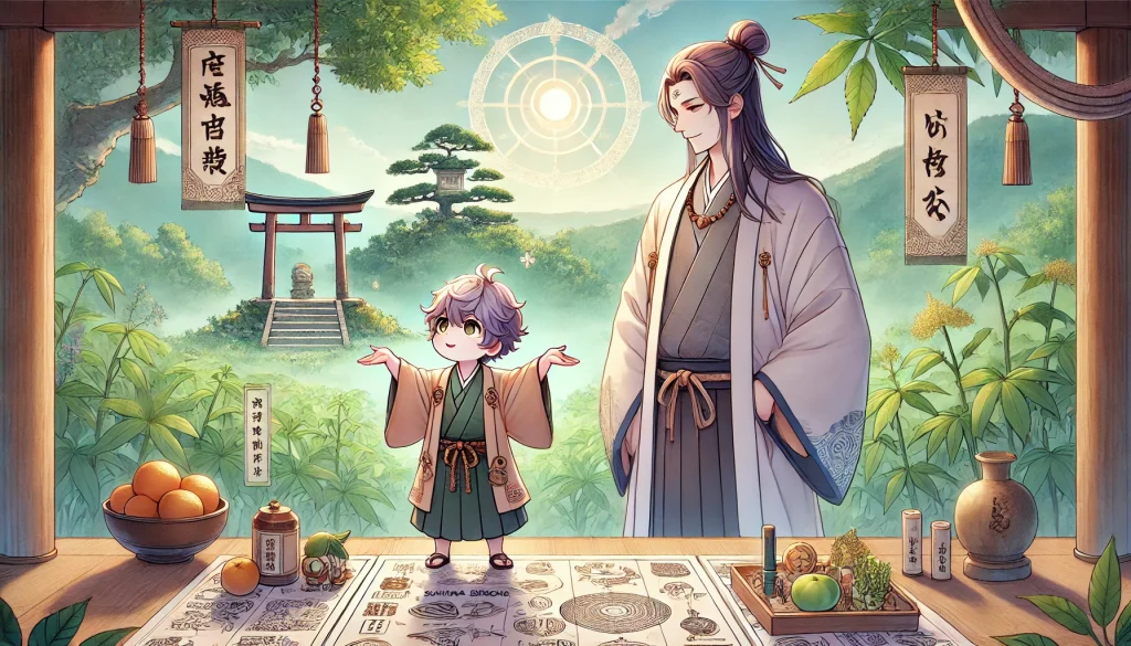 DALL·E-2024-12-06-21.41.18-A-Japanese-anime-style-illustration-showing-Okuninushi-a-confident-and-mature-god-standing-in-a-serene-and-mystical-landscape-observing-Sukuna-biko-1024x585 日本神話9：オオクニヌシとスクナビコナの国造り、そして国譲りの物語