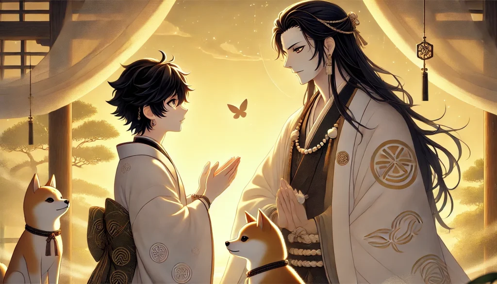 DALL·E-2024-12-06-21.43.13-A-Japanese-anime-style-illustration-featuring-Okuninushi-a-youthful-and-confident-god-with-black-hair-speaking-solemnly-to-his-son-Kotoshironushi-d-1024x585 日本神話9：オオクニヌシとスクナビコナの国造り、そして国譲りの物語