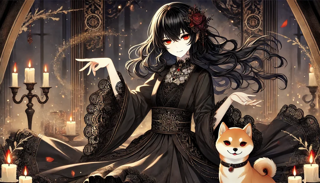 DALL·E-2024-12-27-22.04.31-A-horizontal-Japanese-anime-inspired-artwork-for-adults-depicting-Belphegor-disguised-as-an-elegant-and-mysterious-woman-wearing-a-flowing-black-goth-1024x585 ベルフェゴールとは？7つの大罪「怠惰」の悪魔の起源、象徴、そして現代文化への影響WITH柴犬