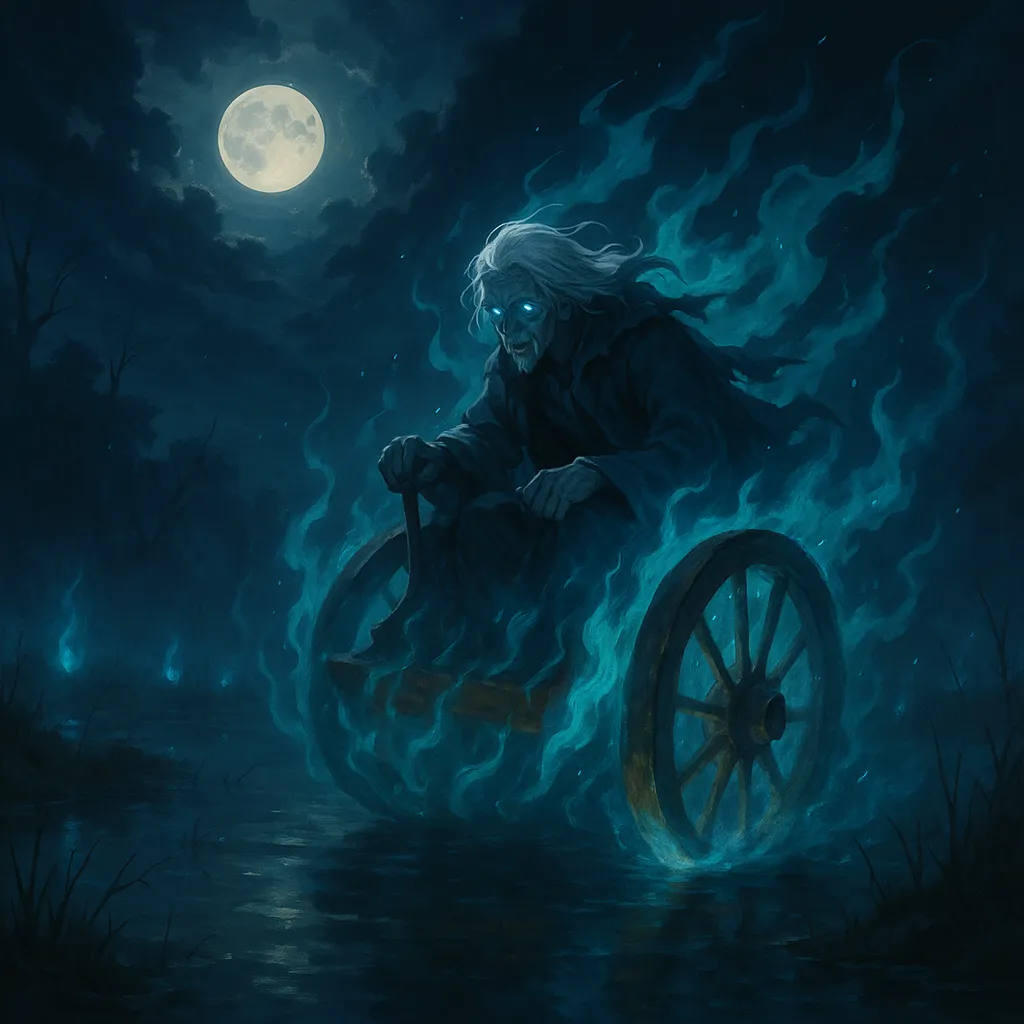 ChatGPT-Image-2025年10月11日-01_29_45 ハロウィンの夜に現れる“ウィル・オ・ザ・ウィスプ”｜炎の車に乗った魂の伝説