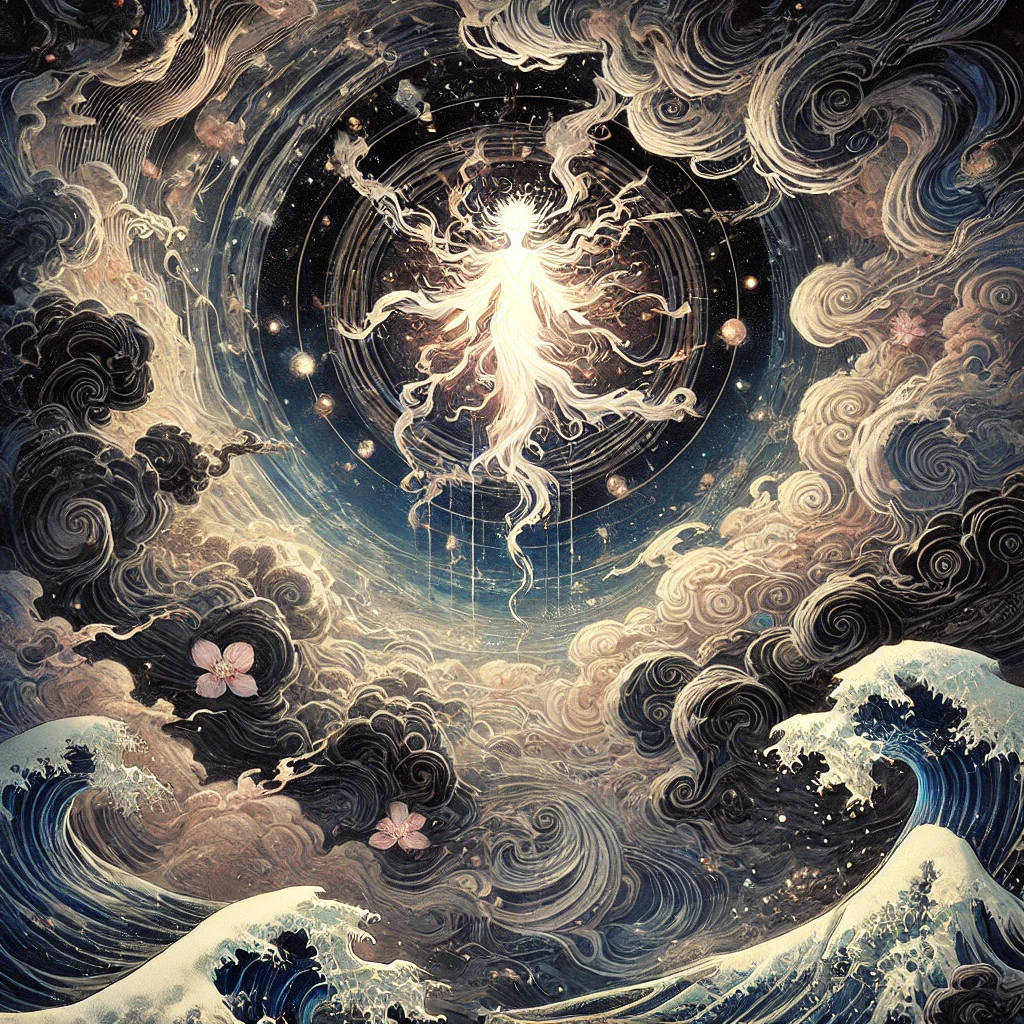 DALL·E-2024-11-25-20.43.06-An-artistic-Japanese-anime-style-illustration-depicting-the-Japanese-creation-myth-of-the-beginning-of-heaven-and-earth.-The-scene-portrays-a-chaotic Japanese Gods ① – Who is Ame-no-Minakanushi?