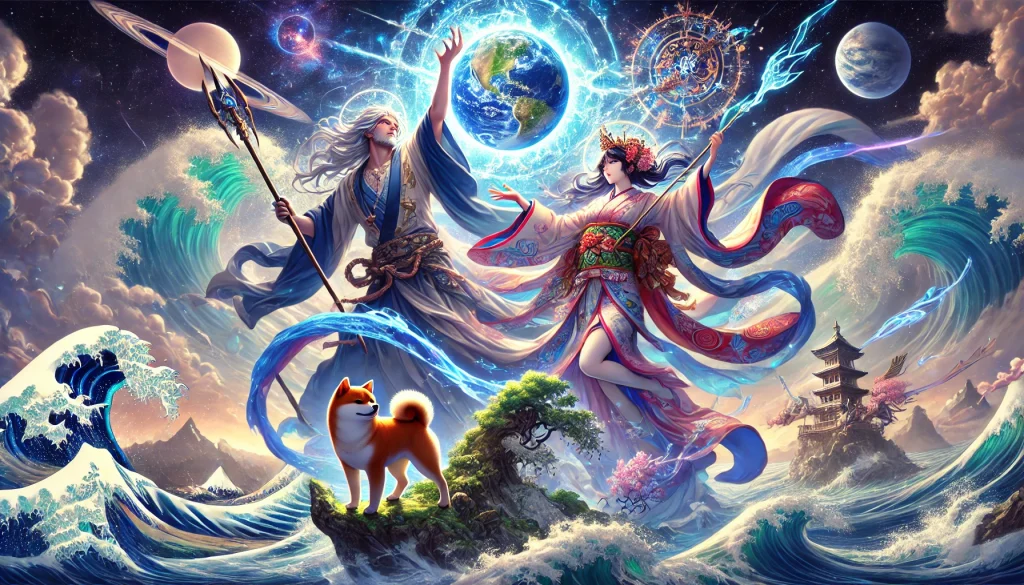 DALL·E-2025-02-04-21.34.41-A-dynamic-anime-style-illustration-of-Izanagi-and-Izanami-creating-the-islands-of-Japan-shown-from-the-waist-up.-The-divine-couple-is-depicted-in-tra-1024x585 Japanese Gods ② Kuniumi – The Birth of Japan’s Islands in Mythology