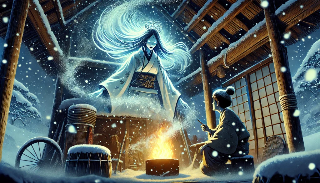 DALL·E-2025-02-06-21.00.50-A-dramatic-scene-from-the-legend-of-Yuki-onna-Snow-Woman-in-an-anime-style-aimed-at-adults.-The-setting-is-a-small-dimly-lit-mountain-hut-during-a--1024x585 Yuki-onna: The Beautiful Yet Terrifying Snow Spirit of Japanese Folklore