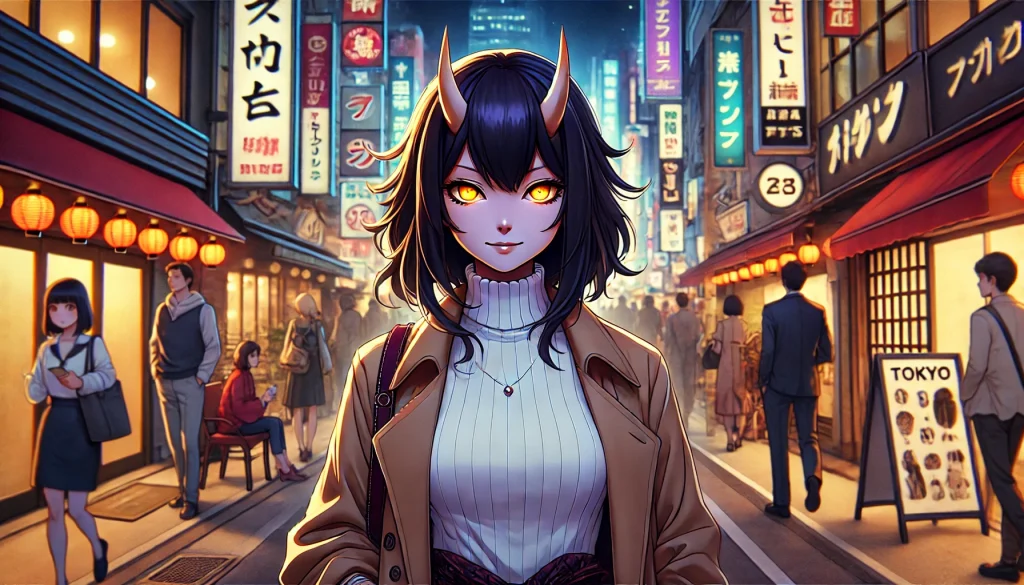 DALL·E-2025-02-06-21.52.49-A-modern-depiction-of-a-female-oni-demon-blending-seamlessly-into-human-society-in-Tokyo-illustrated-in-an-anime-style-aimed-at-adults.-She-is-port-1024x585 Oni: The Fearsome Demons of Japanese Folklore and Their Role in Culture