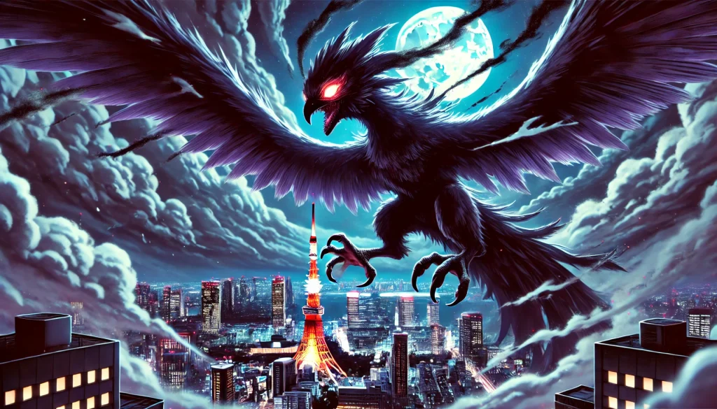 DALL·E-2025-02-11-21.55.06-A-massive-Itsumade-the-eerie-yokai-bird-from-Japanese-folklore-soaring-over-nighttime-Tokyo-in-an-anime-style-illustration.-The-creature-has-a-monst-1024x585 Itsumade: The Haunting Yokai Bird That Cries 'Until When?