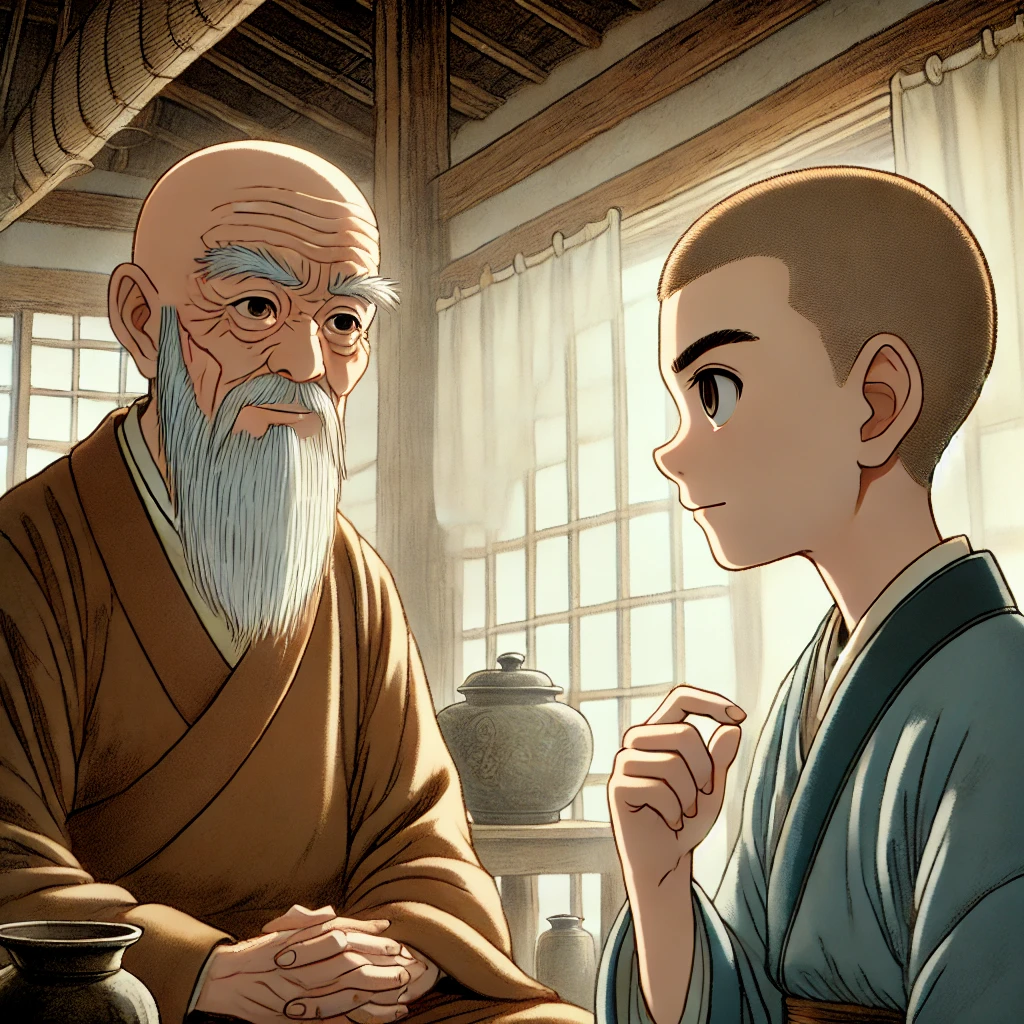 DALL·E-2024-09-18-00.38.14-A-mature-anime-style-scene-for-an-adult-oriented-kamishibai-paper-theater-depicting-a-wise-old-abbot-speaking-to-a-young-monk-with-a-shaved-head.-T 『三枚のお札』AIと語ると、熱い少年漫画ぽいことに気が付いた