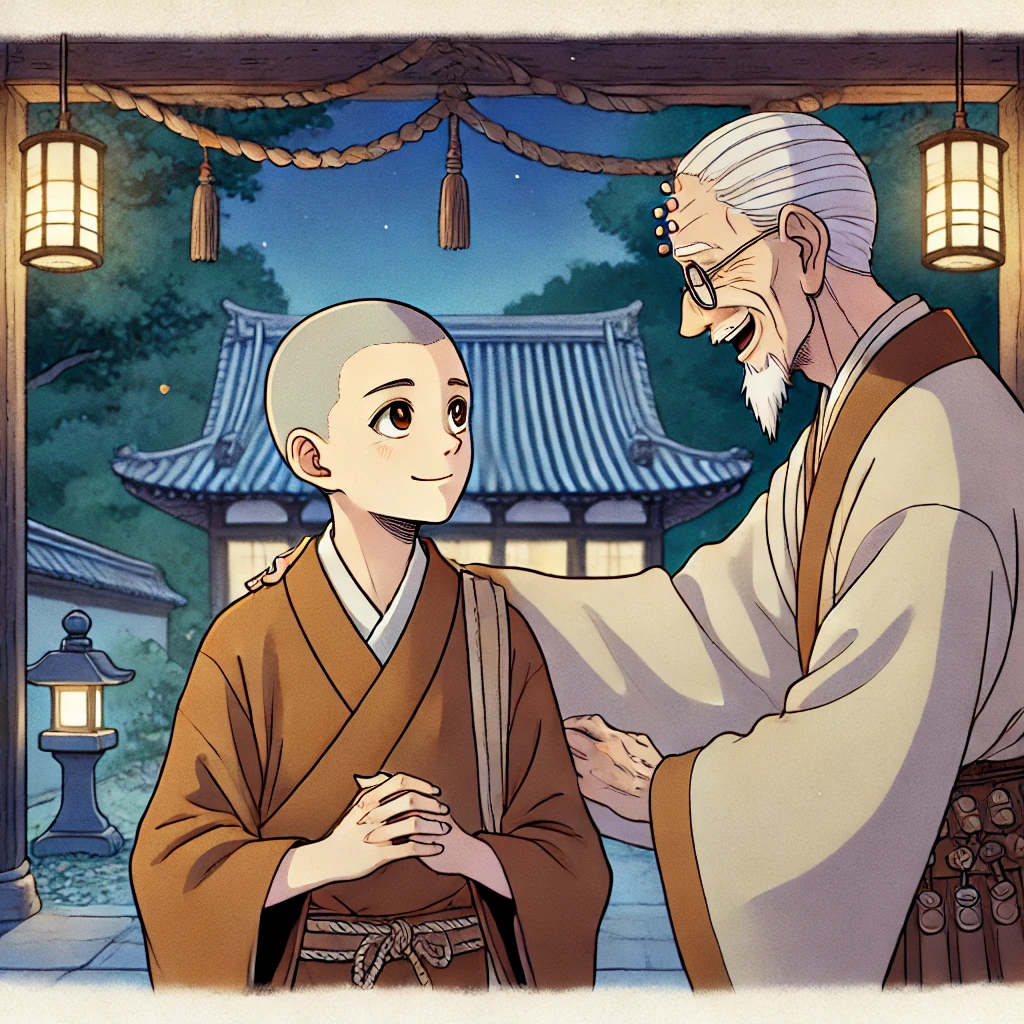 DALL·E-2024-09-18-01.01.38-A-mature-anime-style-scene-for-an-adult-oriented-kamishibai-paper-theater-depicting-the-young-monk-with-a-shaved-head-safely-returning-to-his-templ 『三枚のお札』AIと語ると、熱い少年漫画ぽいことに気が付いた