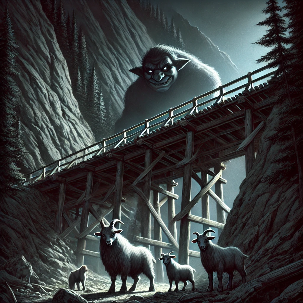 DALL·E-2024-09-19-00.06.21-A-dark-ancient-wooden-bridge-spans-a-mountain-pass.-Beneath-the-bridge-in-the-shadows-a-menacing-troll-lurks-only-its-sharp-eyes-visible-glaring- 山羊 VSトロール戦!! 『三匹のヤギのガラガラドン』