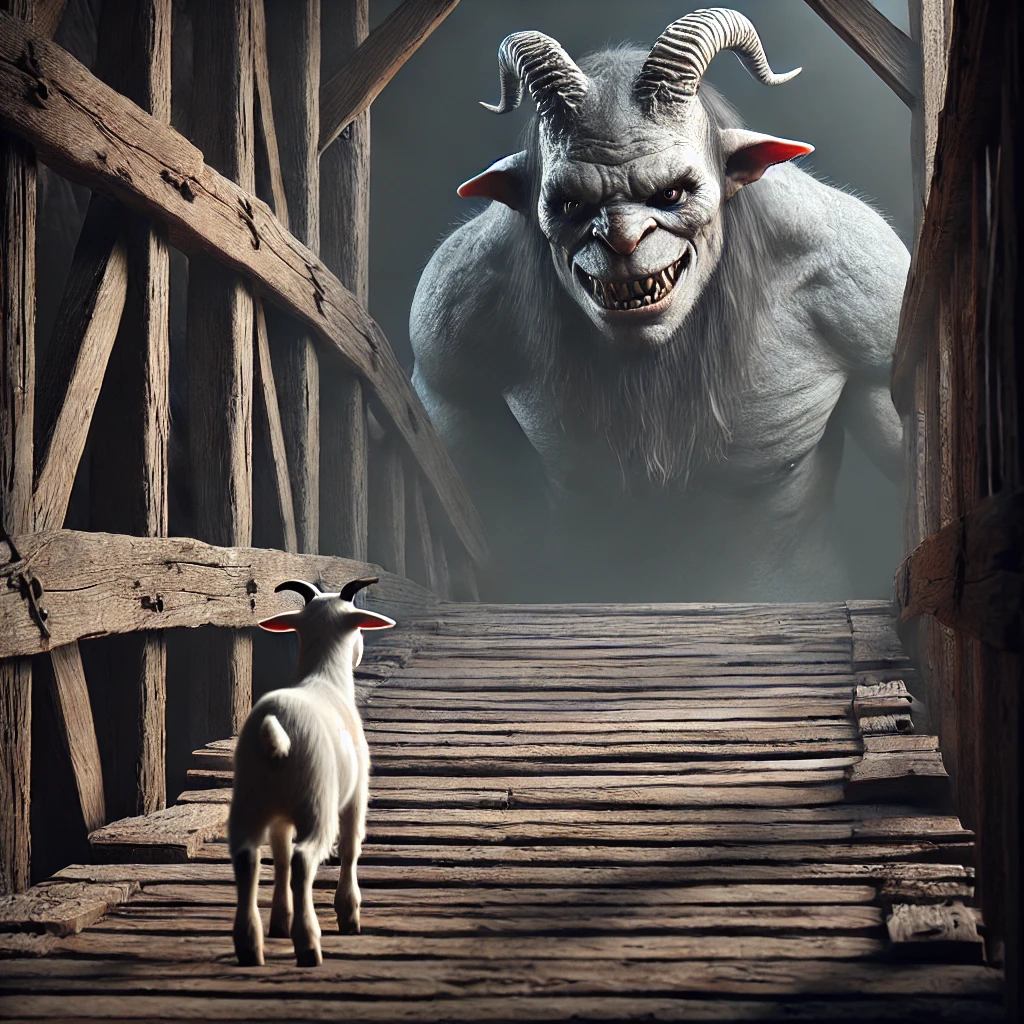 DALL·E-2024-09-19-00.09.26-On-an-ancient-wooden-bridge-a-small-goat-steps-forward-cautiously-trembling-with-fear-as-it-crosses-the-middle-of-the-bridge.-From-beneath-the-bridg 山羊 VSトロール戦!! 『三匹のヤギのガラガラドン』