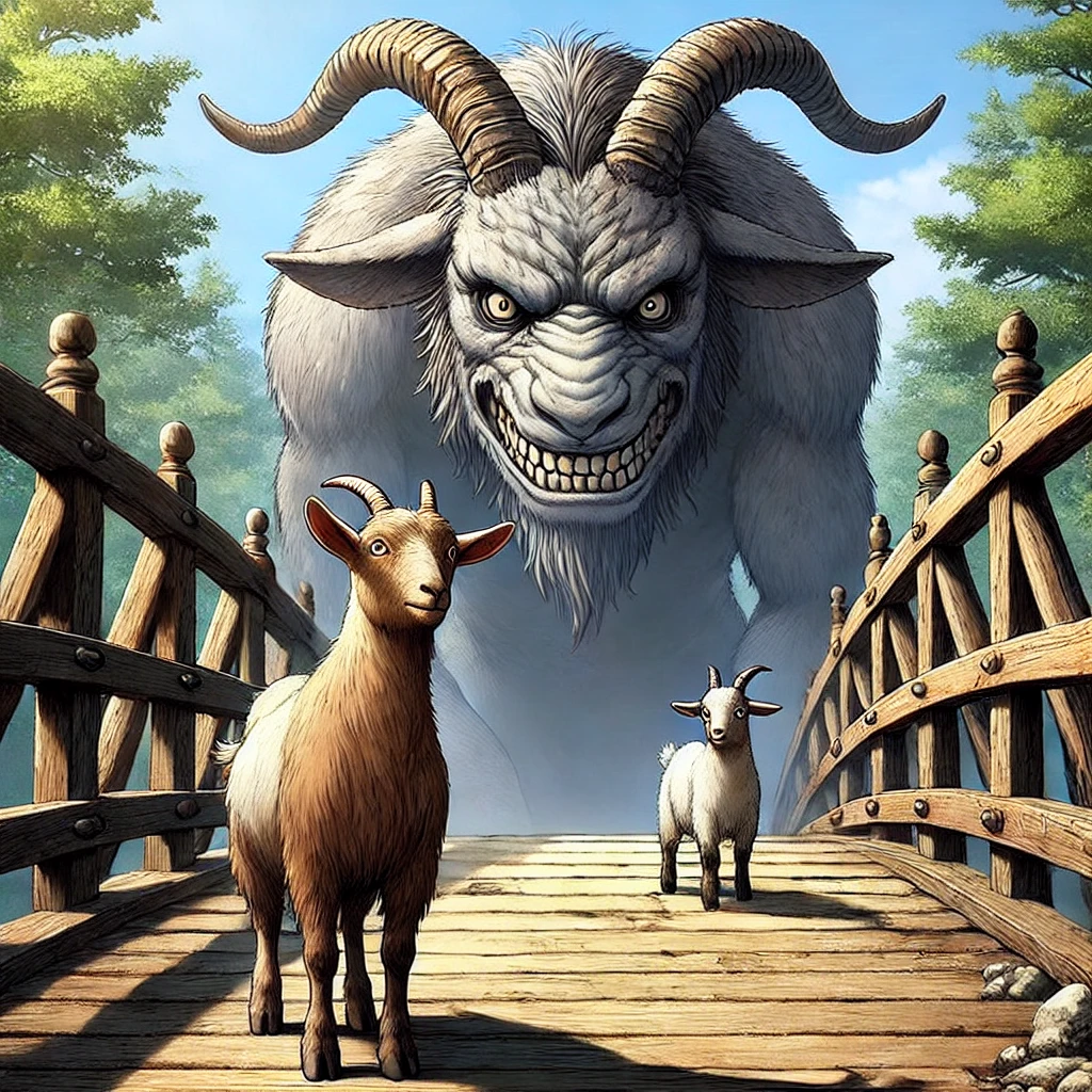 DALL·E-2024-09-19-00.11.18-On-an-ancient-wooden-bridge-a-medium-sized-goat-steps-forward-cautiously-but-with-more-confidence-than-the-smaller-one.-The-goat-faces-a-large-terri 山羊 VSトロール戦!! 『三匹のヤギのガラガラドン』