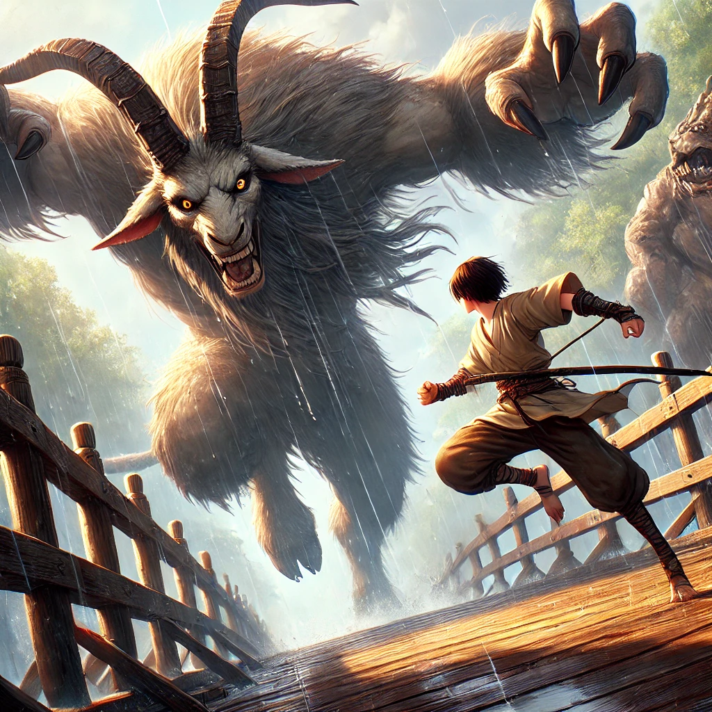 DALL·E-2024-09-19-00.13.09-On-an-ancient-wooden-bridge-a-large-powerful-goat-charges-aggressively-toward-a-massive-troll.-The-goats-horns-are-lowered-ready-for-battle-and-i 山羊 VSトロール戦!! 『三匹のヤギのガラガラドン』