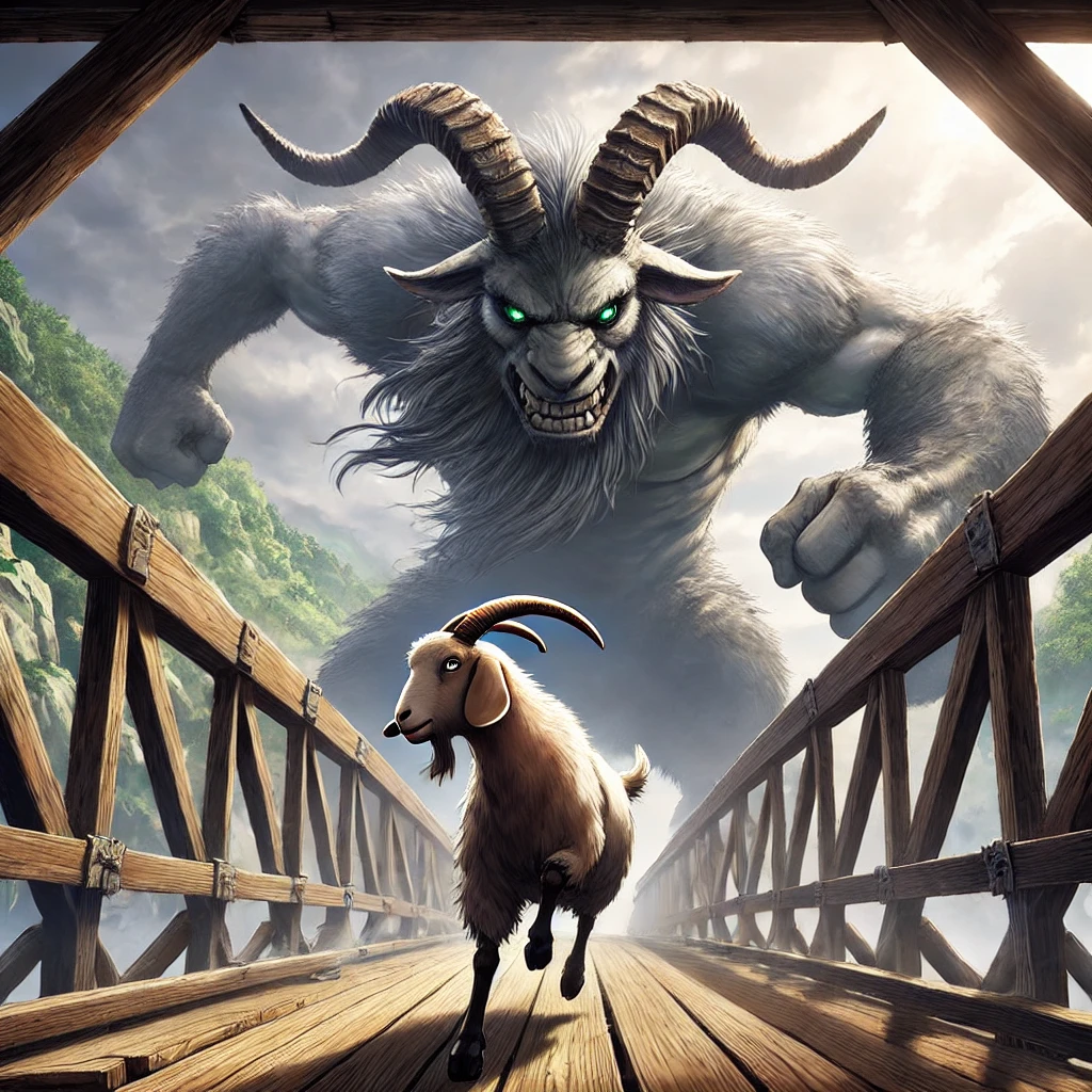 DALL·E-2024-09-19-00.15.17-On-an-ancient-wooden-bridge-a-large-powerful-goat-charges-aggressively-toward-a-massive-troll.-The-goats-horns-are-lowered-ready-for-battle-and-i 山羊 VSトロール戦!! 『三匹のヤギのガラガラドン』