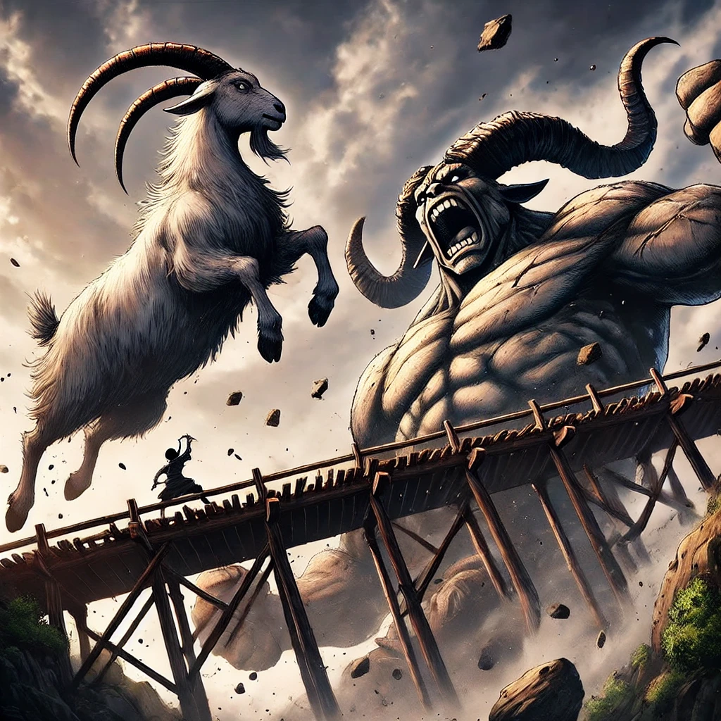 DALL·E-2024-09-19-00.17.29-A-dramatic-scene-where-the-largest-goat-Garagaradon-defeats-the-massive-troll.-The-large-goat-with-its-horns-lowered-and-full-of-determination-cha 山羊 VSトロール戦!! 『三匹のヤギのガラガラドン』