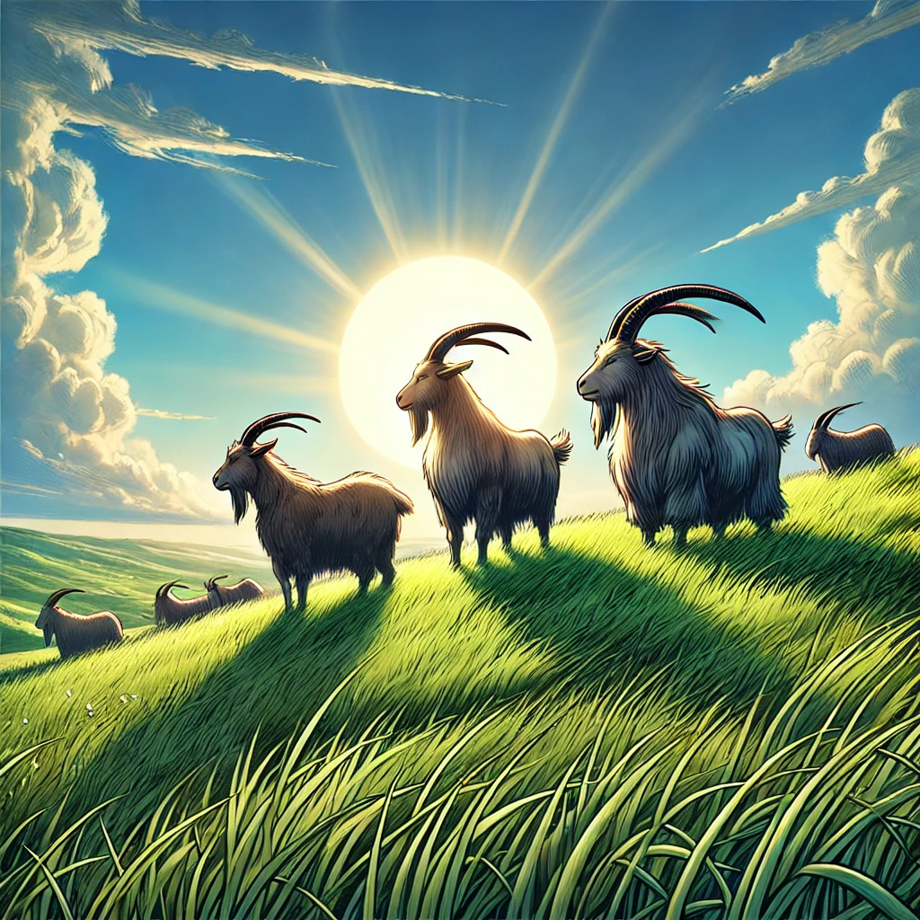 DALL·E-2024-09-19-00.22.08-The-final-scene-where-the-three-goats-including-the-largest-Garagaradon-are-standing-together-victoriously-in-a-peaceful-meadow.-The-sun-is-shining- 山羊 VSトロール戦!! 『三匹のヤギのガラガラドン』