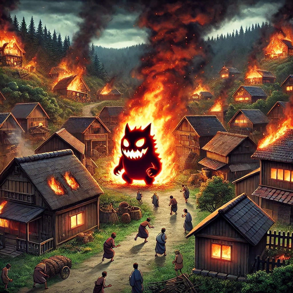 DALL·E-2024-09-20-09.09.33-A-dramatic-scene-of-a-small-village-being-set-ablaze-by-a-fiery-creature-called-Hiotoko-depicted-in-an-adult-oriented-Japanese-anime-style.-Hiotoko 『火男（ひおとこ）』煽り耐性0の炎の妖怪VS人間のバトル！