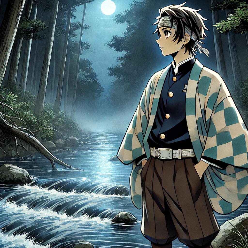 DALL·E-2024-09-20-09.12.57-In-an-adult-oriented-Japanese-anime-style-the-scene-shows-a-brave-young-man-standing-by-a-river-having-just-learned-the-secret-that-water-is-Hiotok 『火男（ひおとこ）』煽り耐性0の炎の妖怪VS人間のバトル！