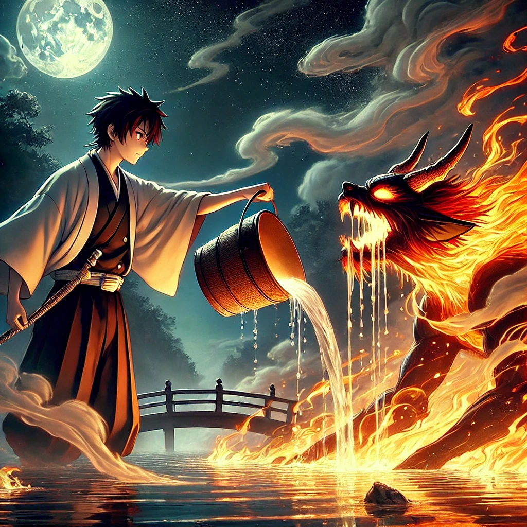 DALL·E-2024-09-20-09.20.22-In-an-adult-oriented-Japanese-anime-style-the-scene-depicts-a-dramatic-confrontation-by-the-river.-The-brave-young-man-wearing-Edo-period-clothing- 『火男（ひおとこ）』煽り耐性0の炎の妖怪VS人間のバトル！