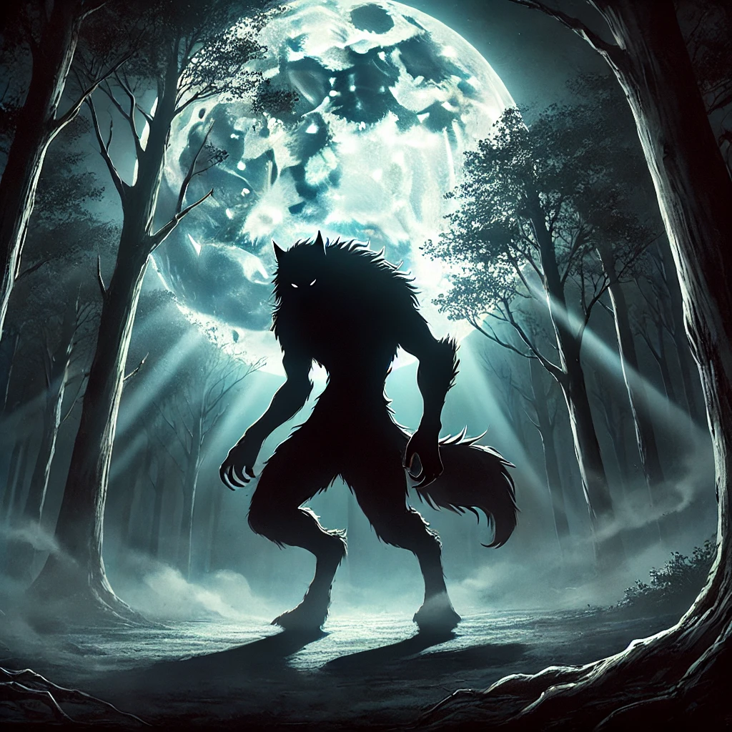 DALL·E-2024-09-20-23.03.34-A-dark-eerie-forest-scene-under-a-full-moon.-A-shadowy-figure-of-a-werewolf-the-Loup-Garou-emerges-from-the-trees-its-form-somewhere-between-man-a ルー・ガルー、フランスに伝わる人狼の話をAIと紐解いてみよう